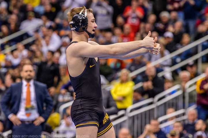 Spencer Lee Gives the Thumbs Up after Winning the 2019 NCAAs