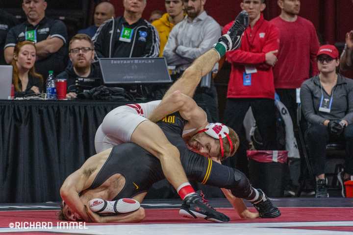 Seth Gross and Austin Desanto in a scramble position at the 2020 Big Ten Tournament